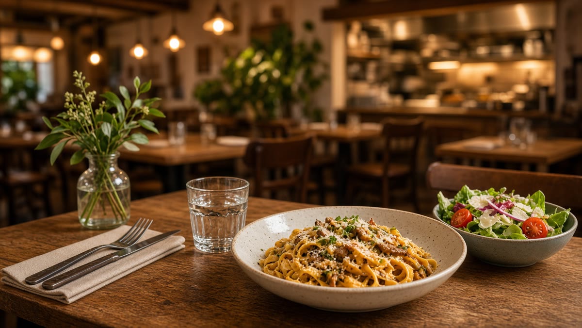 Restaurant table with pasta and salad